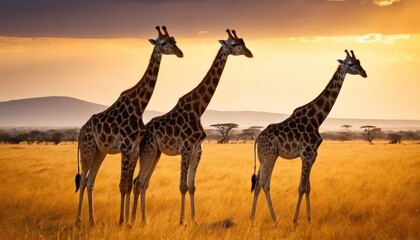 giraffes standing in golden savannah at sunset in africa
