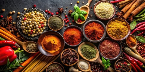 Aromatic spices on black background, spices rack, pantry,  spices rack, pantry, shelf life, aromatics