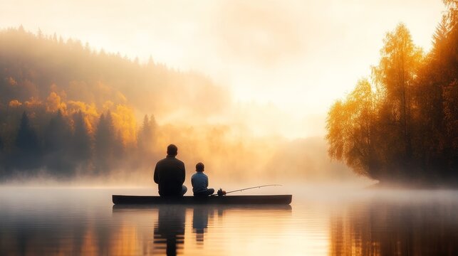 Serene morning fishing with father and son in misty autumn lake