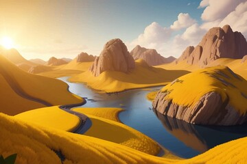 Naklejka premium Beautiful and Peaceful Nature Scenery Illustration Landscape Countryside Tranquil Vibrant and Colorful