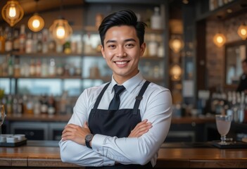 Obraz premium Smiling professional in a suit with an apron stands confidently bar manager