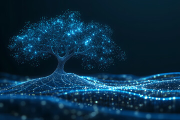 A digital tree with glowing data streams flowing through its branches, symbolizing the technological connection to nature