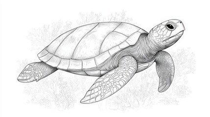 Fototapeta premium Detailed Line Art of a Sea Turtle Swimming Gracefully in a Marine Environment with Coral Background