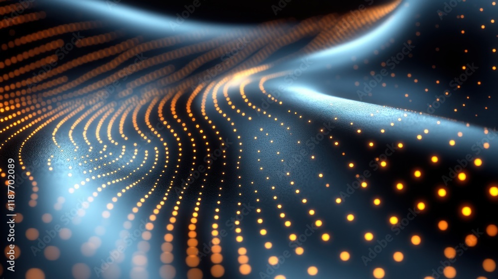 Poster dynamic flow of illuminated dots in a dark digital landscape