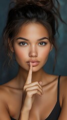 Fototapeta premium Close-up portrait of a stunning young woman with her finger to her lips, suggesting secrecy or quietude. Her beauty is captivating.