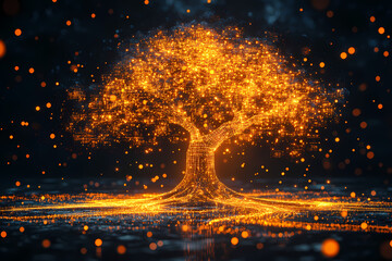 Naklejka premium A digital tree with glowing data streams flowing through its branches, symbolizing the technological connection to nature