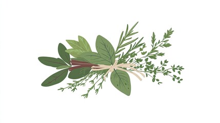 Naklejka premium A tied bunch of fresh herbs, including rosemary, thyme, basil, oregano and sage, isolated on white background.