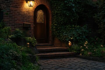 Fototapeta premium Warm glow from lanterns illuminates a charming brick pathway leading to an inviting wooden door surrounded by lush greenery and flowers at night