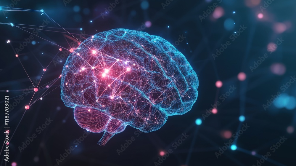 Aufkleber futuristic representation of a human brain with neon connections and data visualization in a dark ba