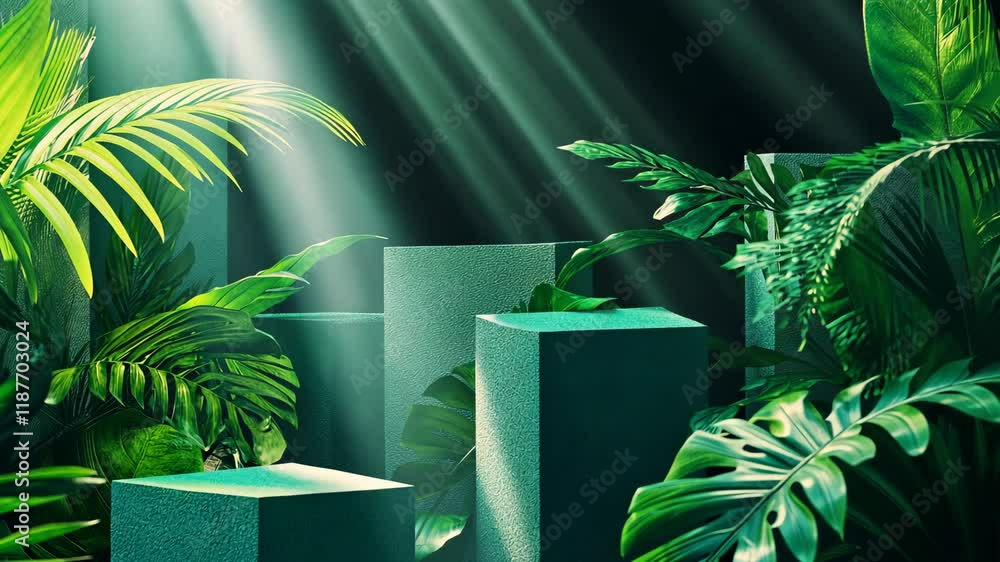 Aufkleber lush green foliage and geometric structures illuminated by soft rays of light create a serene natura