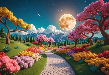 Fototapeta premium Beautiful and Peaceful Nature Scenery Illustration Landscape Countryside Tranquil Vibrant and Colorful