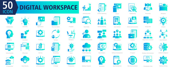 DIGITAL WORKSPACE ICON SET With Achieving Goals, Content Marketing, Lecture, Headhunting, Partnership, Workplace, Collaboration, Autonomy, Appreciation and Files And Folders