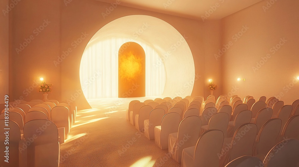 Aufkleber sunlit minimalist ceremony hall with rows of chairs.
