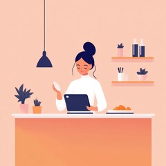 Fototapeta premium Young woman in a modern kitchen using a tablet to cook, holding an egg, surrounded by plants and kitchen accessories, in a stylish and cozy space.