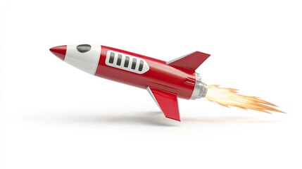 Red cartoon rocket launching, isolated on white background.