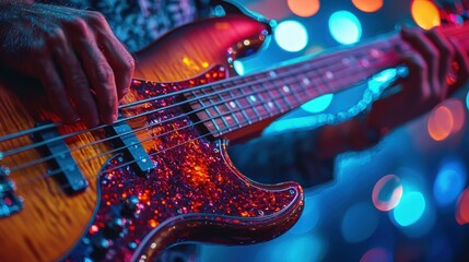 Naklejka premium Vibrant Bass Guitar Performance in a Colorful Concert Setting