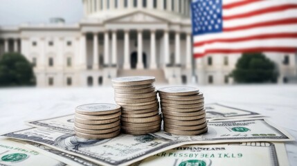 Stacks of Coins and Dollar Bills with United States Capitol Building and American Flag in Background