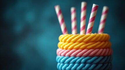Colorful Straws in Twisted Candy Rings Against a Blurred Background