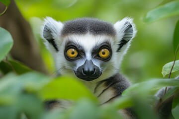 Obraz premium A captivating close-up of a ring-tailed lemur, its striking yellow eyes fixed on the viewer. The lush green foliage creates a vibrant backdrop