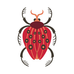 Beetle whimsical folk art insect illustration. Abstract fantasy bug with colorful patterned wings. Stylized comic bug clipart for children. Fancy funny vintage bug isolated symbol doodle vector design