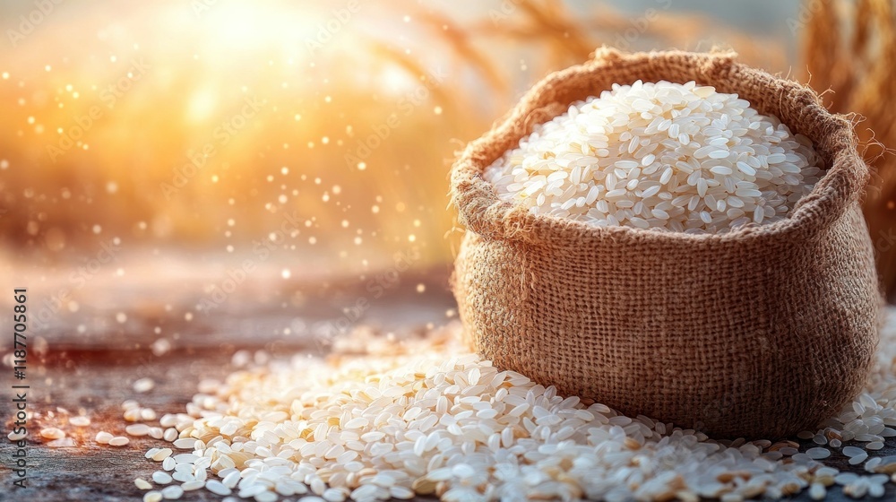 Poster sunlit harvest burlap sack of rice on rustic surface with wheat in the background