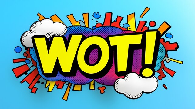 Colorful comic book "WOT!" text effect with speech bubbles and burst design elements on a light blue background.