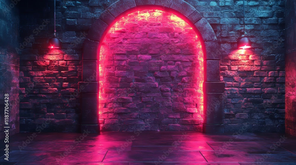 Poster neon-lit stone archway with red glow in dark, mysterious setting