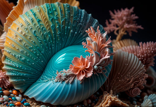 a unique and flamboyant illustrative artwork on a seashell featuring pastel muted colors, intricate patterns, and elaborate details, strong visual statement - generated by ai