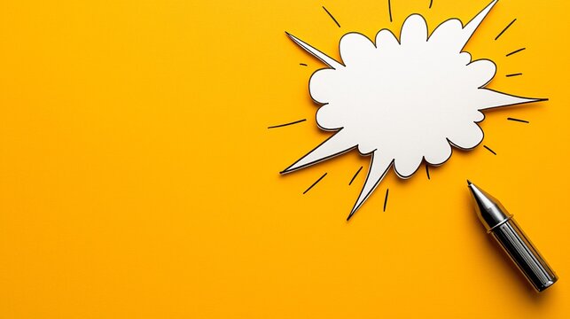 Blank speech bubble with pencil on yellow background.