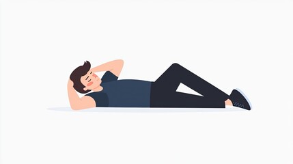 A young man lies on his back, performing a side crunch exercise.  He's wearing a dark t-shirt and black pants.