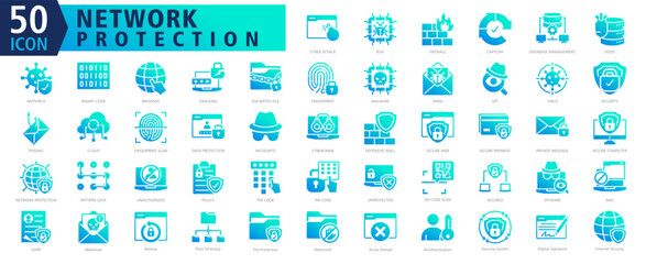 NETWORK PROTECTION ICON SET With Cyber Attack, Bug, Firewall, Captcha, Database Management, Ddos, Antivirus, Binary Code, Browser and Cracking