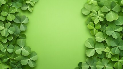 Lush green shamrock leaves on vibrant green background