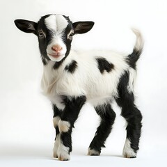 Fototapeta premium Adorable baby goat portrait, white background, farm animal, rural scene, perfect for children's books