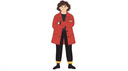 Confident woman in red coat, arms crossed, standing against white background.