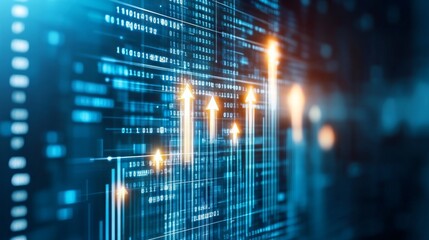 Digital data flow with rising arrows on blue background