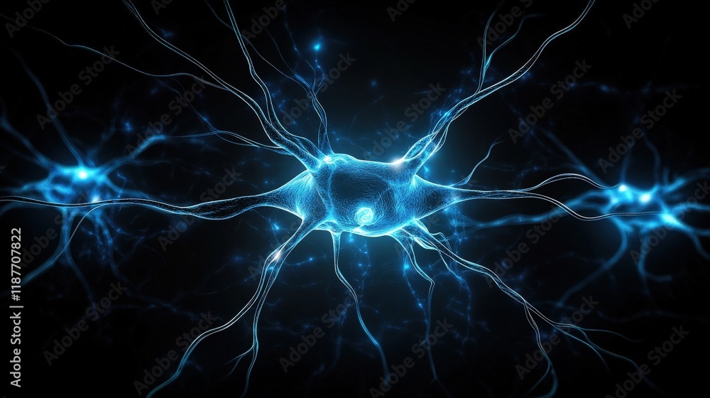 Poster abstract representation of a neuron with glowing blue and white lights set against a dark background