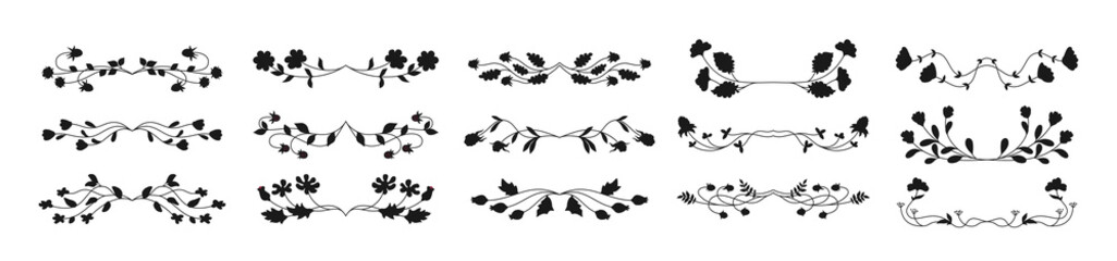 Doodle divider with berries branch flowers silhouette set. Elegant floral border, frame or monogram botanical decoration ornament. Vintage herbal typographic ornament. Isolated vector Illustration