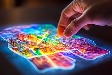 A glowing 3D hologram of a city map being used by a digital hand, representing innovative navigation technologies