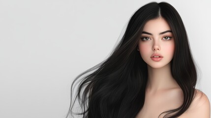 Naklejka premium Portrait of young asian female with long black hair and natural makeup