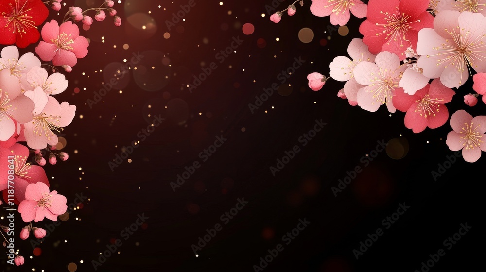 Poster elegant cherry blossom border on dark background with soft bokeh lights