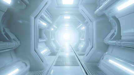 Obraz premium A futuristic white hallway with a glowing light at the end,white hallway with a bright light at the end,Empty white futuristic corridor with a glowing light in the distance