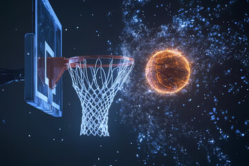 A glowing basketball hoop with a digital ball mid-flight, symbolizing the future of sports