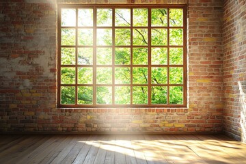 Large window in rustic brick room, sunlit. Perfect for home, nature, or spring themes; evokes peace and tranquility.