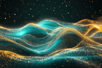 Abstract teal and gold particle wave. Ideal for tech, luxury, or cosmic designs; evokes elegance and mystery.