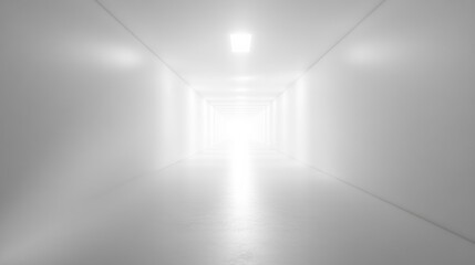 Obraz premium A futuristic white hallway with a glowing light at the end,white hallway with a bright light at the end,Empty white futuristic corridor with a glowing light in the distance