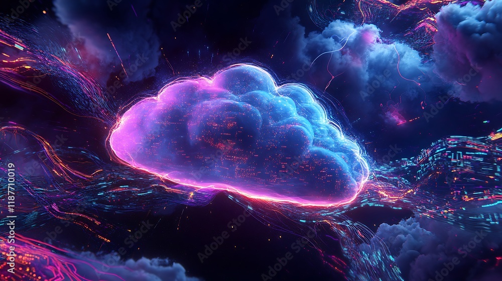 Poster a futuristic depiction of cloud computing and digital transformation, showcasing a luminous floating