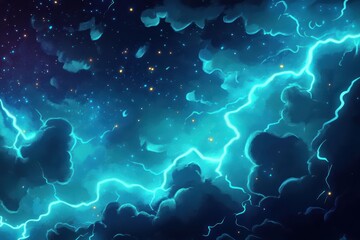 Obraz premium Vibrant blue lightning strikes across a dark, starry sky filled with fluffy clouds. Perfect for fantasy, sci-fi, or mystical themes; evokes power and wonder.