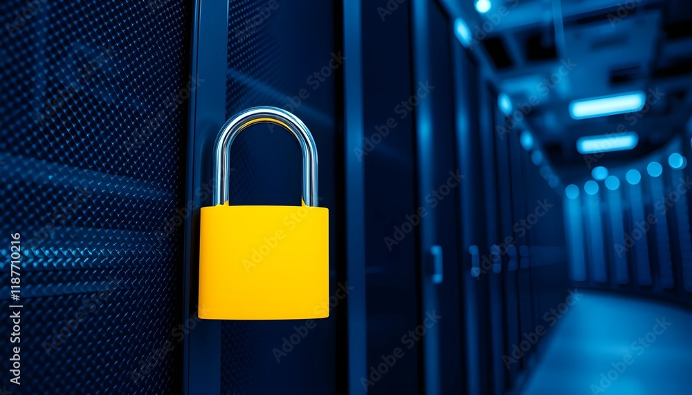 Poster illustration of data server rack with security shield icon representing cybersecurity