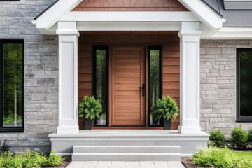 A wooden front door, surrounded by windows, with white, blue, and stone siding