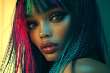 Obraz premium Commercial ad campaign conceptual art. Lovely calm mixed-race girl - for ads, marketing material and social networks use. Long coiffure - multicolored hair. Vibrant hair artistry.